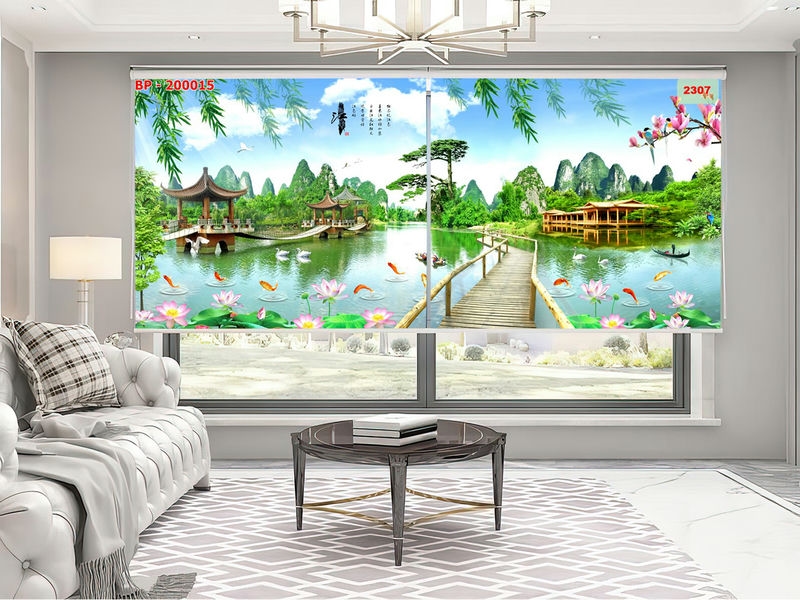 rèm cuốn in tranh 3D phòng khách