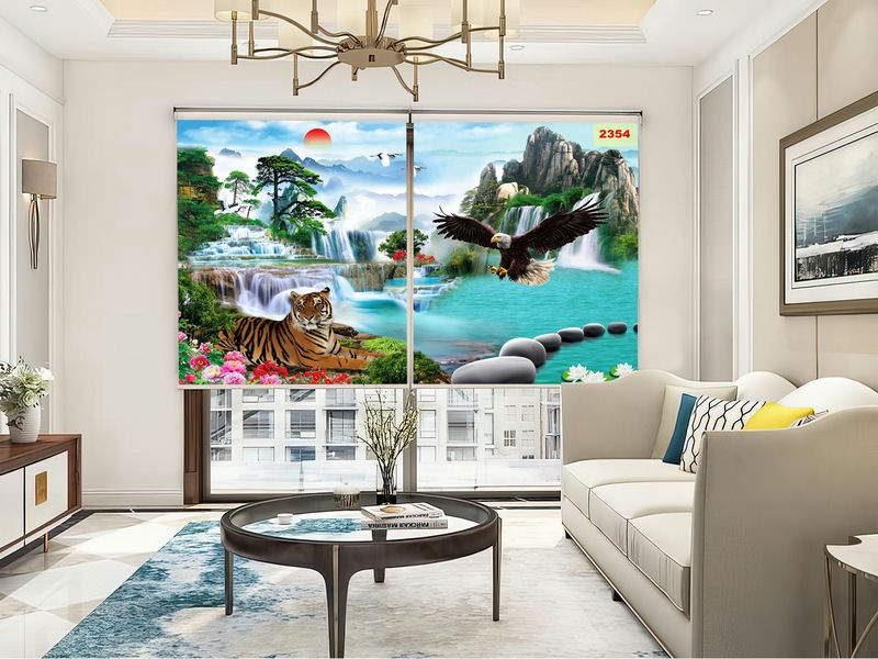 rèm cuốn in tranh 3D phòng khách