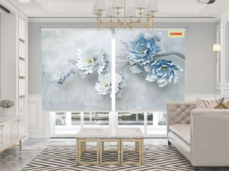 rèm cuốn in tranh 3D phòng khách